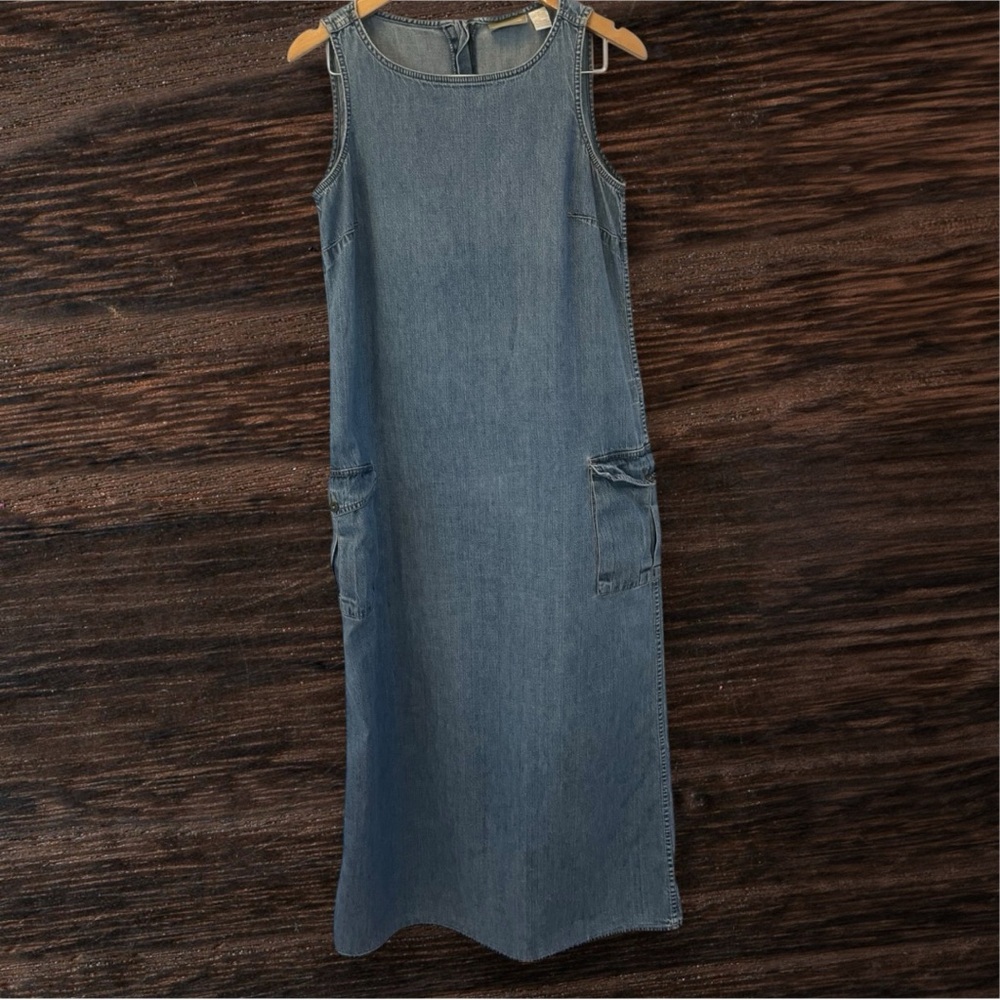Y2K 90s Liz Claiborne Denim Maxi Dress Medium Sleeveless Utility Pockets